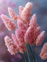 Soft pink pampas grass plumes against blurred background, delicate fluffy texture creates romantic mood for wedding decor and boho interior styling.