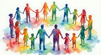 Diverse watercolor silhouettes of people holding hands in colorful rainbow circles representing unity, community, teamwork and social connection on white background.