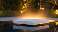 Empty wooden platform stage with warm bokeh lights background for product display and presentation purposes.