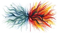 Abstract watercolor explosion with flowing organic shapes in vibrant blue and orange hues creating dynamic contrast on white background.