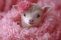 Adorable newborn lamb wrapped in soft pink fluffy blanket with rose flower decoration, sweet smiling expression on white face against pink background.