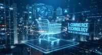 Digital shopping cart with holographic interface displays futuristic e-commerce technology concept for online retail and digital marketplace solutions.