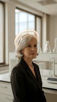 Mature woman with short gray hair, fair complexion, wearing black blazer and pearl necklace in modern office setting with large windows and white shelving for business and corporate concepts.