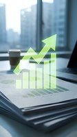 Green holographic growth chart with upward arrow emerging from business documents on office desk with laptop and coffee cup in corporate setting.