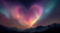 Magical heart-shaped aurora borealis illuminating night sky with vibrant pink and teal colors over snow-capped mountain range.