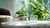 Two clear water glasses on marble table with soft natural light and lush green plants in background creating tranquil home atmosphere.