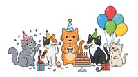 Cartoon cats celebrating birthday party with balloons, cake, gifts and confetti on white background, isolated clipart for greeting cards, invitations and festive designs.