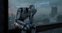 Futuristic robot sitting in contemplative pose on rooftop overlooking cyberpunk city skyline at dusk with holographic mathematical formula display.