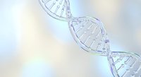 DNA double helix structure with genetic code sequences on soft gradient background for medical research and biotechnology applications.