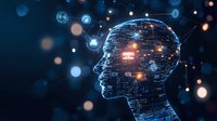 Digital profile silhouette with glowing network connections and floating technology icons on dark blue background with bokeh light effects for AI concepts.