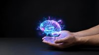 Glowing holographic brain with electric energy floating above open human hands against dark background for technology and artificial intelligence concepts.