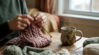 Woman knitting pink cable pattern sweater with wooden needles at cozy home table near window with warm tea mug creating handmade winter clothing craft project.