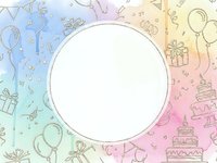 Colorful birthday party celebration frame with balloons, gifts, cake and confetti on gradient background with white circle space for text or design.