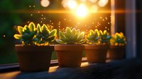 Small succulent plants in terracotta pots on windowsill at sunset, with golden sunlight creating magical bokeh effect and warm atmospheric glow through window glass.