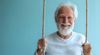 Happy senior Caucasian man with white beard holding rope swing against turquoise background. Active aging lifestyle and joyful retirement concept.