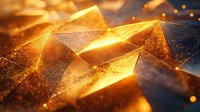 Glowing golden geometric crystal shapes with sparkling particles and light effects against dark background, abstract luxury modern design element.