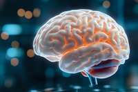 Glowing human brain model with orange internal illumination against blurred blue background with bokeh lights. Medical science visualization concept.