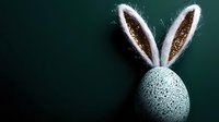Speckled egg with fluffy white bunny ears against dark green background, creating festive Easter decoration for holiday celebrations and spring designs.