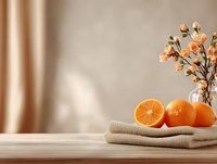 Fresh oranges and delicate peach blossoms arranged on soft beige towels against neutral backdrop with gentle sunlight, creating serene spa atmosphere.