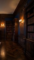 Elegant dark wood library interior with built-in bookshelves, ornate wall sconces, and herringbone parquet flooring creating luxurious reading atmosphere.
