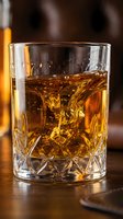 Golden whiskey splashing in crystal cut glass tumbler on wooden surface with warm ambient lighting creating elegant drinking atmosphere.