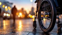 Silhouette of wheelchair wheel at sunset with blurred city lights and person walking in background creating atmospheric urban scene with bokeh effect.