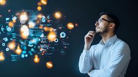 Young Hispanic businessman in white shirt contemplating digital transformation concept with glowing data visualization, technology icons and bokeh light effects.