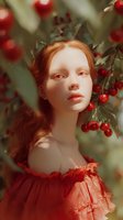 Young woman with red hair surrounded by cherry branches, wearing coral off-shoulder dress in dreamy summer garden setting.