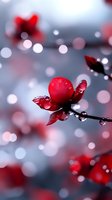 Red flower bud with water drops on branch against blurred bokeh background in soft blue and grey tones, macro nature photography with selective focus.