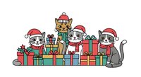 Cartoon cats wearing Santa hats surrounded by colorful wrapped gift boxes, isolated on white background, suitable for holiday greeting cards and festive designs.