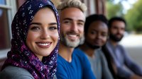 Diverse group of young professionals smiling together, featuring Middle Eastern woman in floral hijab, Caucasian man, African American woman and bearded man in casual setting.