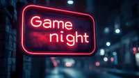 Glowing red neon sign reading Game Night against dark urban background with bokeh lights creating moody nighttime atmosphere for entertainment and leisure concepts.