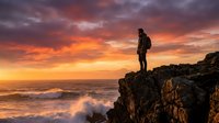 Man standing on rocky cliff overlooking ocean at sunset, wearing backpack, contemplating coastal landscape with dramatic golden and orange sky, waves crashing below, adventure and travel concept.