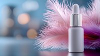 White cosmetic dropper bottle with pink feathers on blurred background, mockup for skincare serum or essential oil product packaging design.