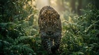 Powerful leopard stalking through dense jungle foliage with golden sunlight filtering through green leaves creating dramatic wildlife scene.