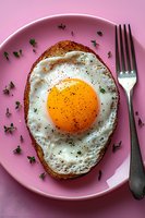 Sunny side up egg on toast garnished with fresh herbs and black pepper served on pink plate. Fork beside breakfast setting creates appetizing composition.