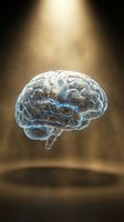 Transparent digital brain with circuit patterns floating in golden spotlight beam for artificial intelligence and technology concepts.