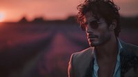 Young man with curly hair and sunglasses in formal attire against dramatic sunset backdrop, creating moody atmospheric portrait for fashion and lifestyle advertising.