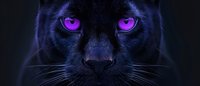 Black panther with glowing purple eyes close-up portrait on dark background, mystical feline predator face with neon colored irises creating supernatural effect.