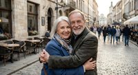 Happy senior Caucasian couple embracing on European cobblestone street with historic architecture, outdoor cafes and pedestrians in background for lifestyle content.