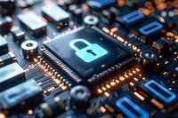 Glowing padlock icon on computer processor chip with circuit board background illustrates cybersecurity and data protection in modern technology.