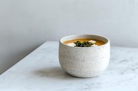Creamy pumpkin soup served in modern speckled ceramic bowl on marble surface, garnished with fresh herbs and cream swirl, minimalist food styling.