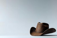 Brown leather cowboy hat on light gray background, classic western style headwear photographed in studio lighting with soft shadows and minimalist composition.