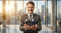Confident middle-aged Caucasian businessman in suit holding miniature office workers in modern corporate office with city skyline background.