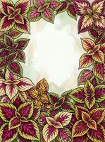 Ornamental foliage frame with burgundy and golden leaves arranged in border pattern around white central space, suitable for invitations, cards, and design templates.