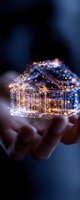 Glowing wireframe house model floating above hand with magical light particles and sparkles against dark background, concept of digital real estate technology.