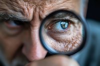 Close up view of senior man's blue eye looking through magnifying glass showing detailed skin texture, wrinkles and intense gaze.