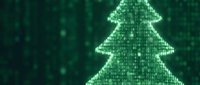 Digital Christmas tree made of glowing green binary code matrix on dark background for holiday technology themes and cyber celebrations.