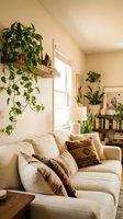 Cozy living room interior with cream sofa, decorative pillows, hanging pothos plant on wooden shelf, natural window light, and potted greenery creating warm, inviting home decor.