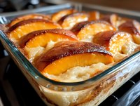 Baked peach cobbler with golden caramelized fruit slices arranged over fluffy cake batter in glass baking dish, ready for dessert preparation and home cooking projects.